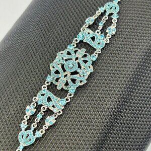 Vintage VCLM Victorian Style Silver Tone Bracelet, Blue Crystals, Faux Turquoise